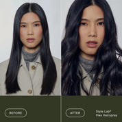 Before and after comparison of a woman's hair with Style Lab Flex Hairspray.