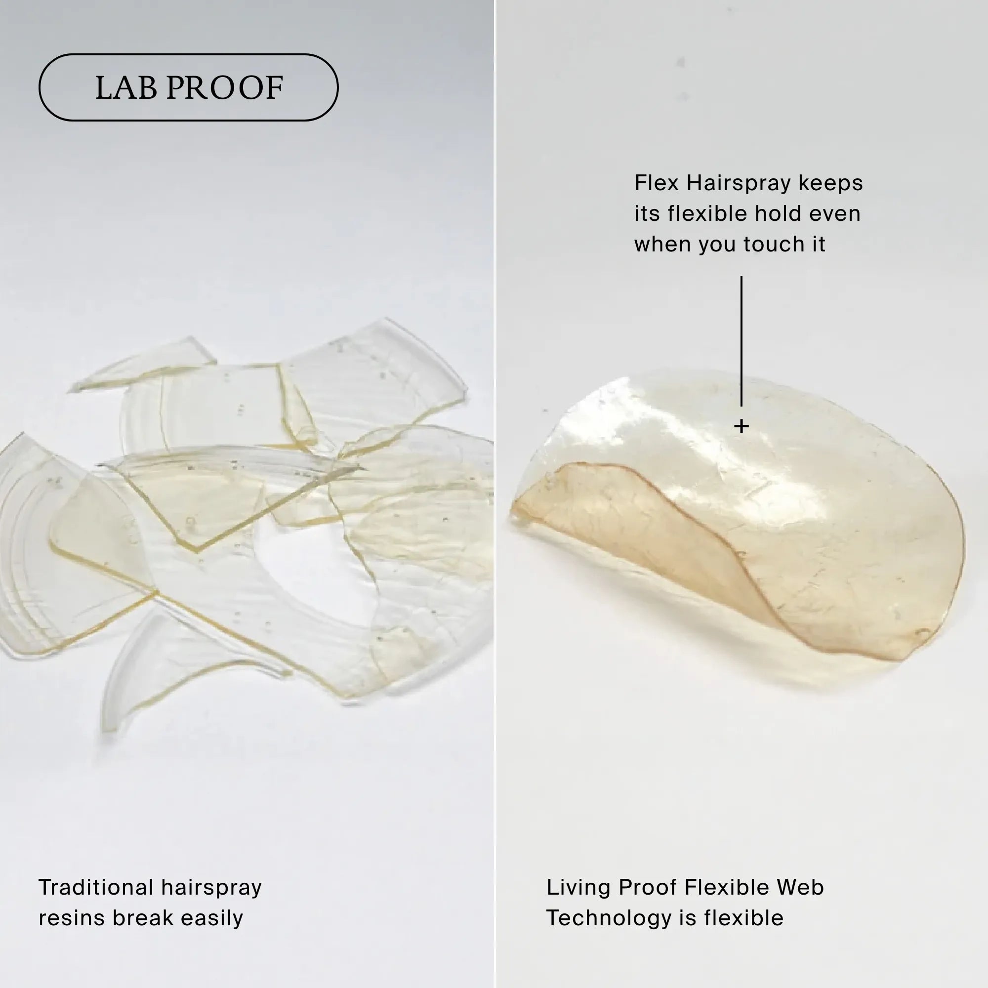 Comparison of traditional hairspray resins and Living Proof Flexible Web Technology on a white background.
