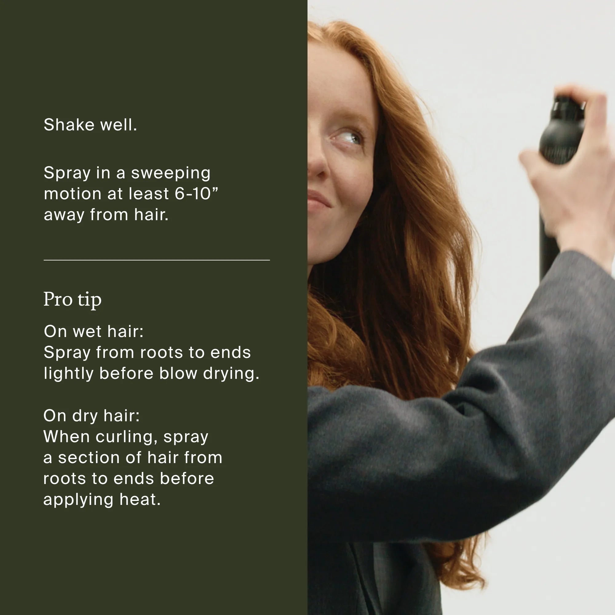 Woman using Flex hairspray on hair next to usage copy