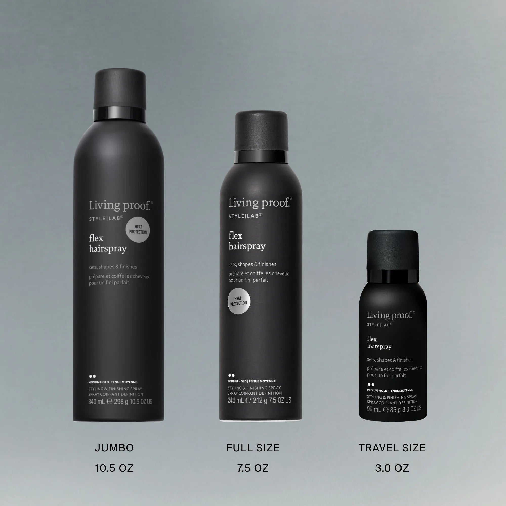 Three sizes of Living Proof flex hairspray bottles on a gray background