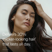 A woman with long, dark, thick hair looks confidently at the camera. Text on the image reads, “Full Thickening Blow-Dry Cream delivers 30% thicker-looking hair* that lasts all day with heat protection.”.
