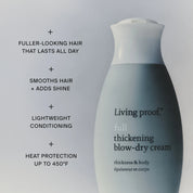 The Full Thickening Blow-Dry Cream is shown, highlighting its benefits: thicker-looking hair, smoothness and shine, lightweight conditioning, and heat protection up to 450°F in a powerful styling cream.