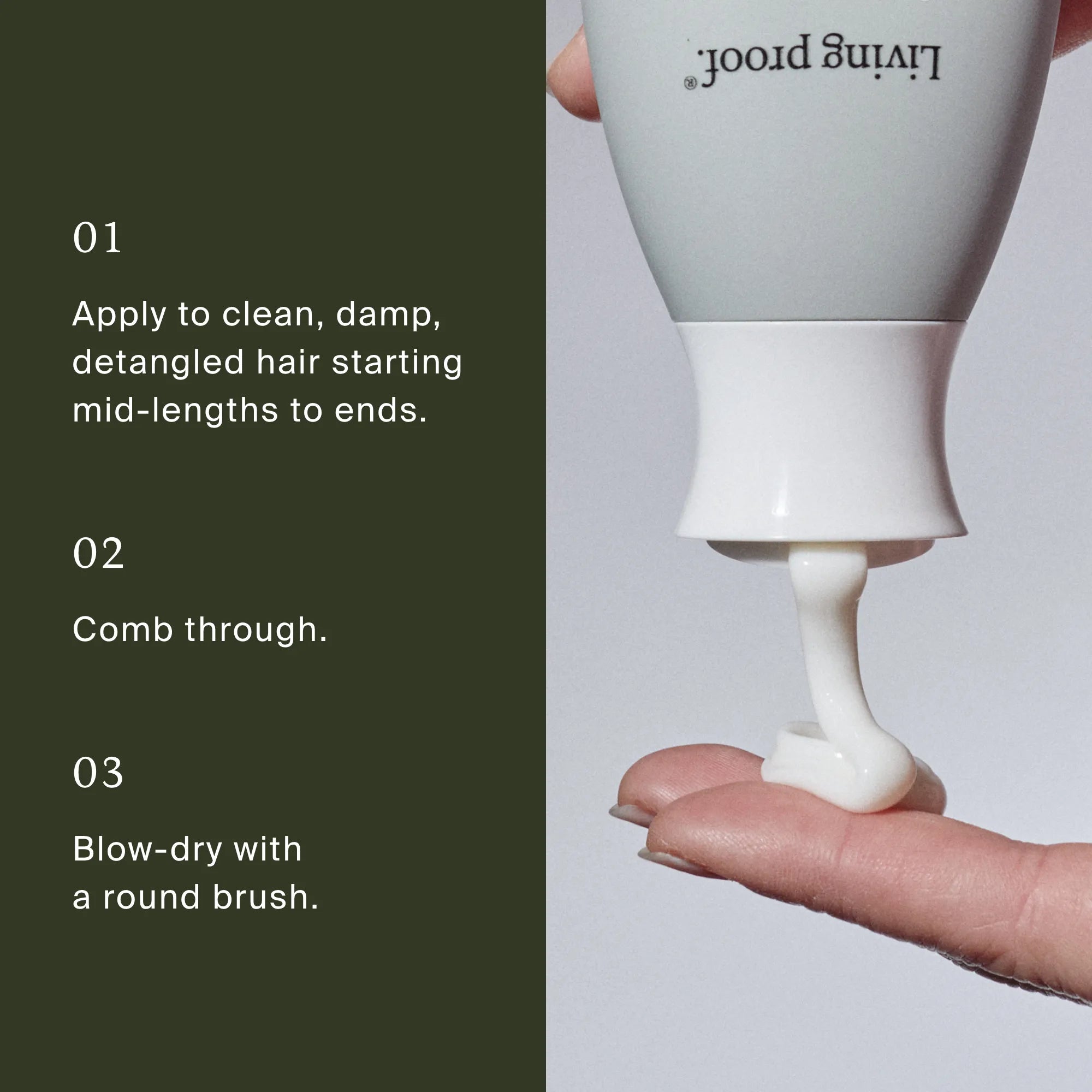 A hand squeezes Full Thickening Blow-Dry Cream from a tube. Instructions: 1. Apply to clean, damp, detangled hair mid-lengths to ends. 2. Comb through. 3. Blow-dry with a round brush for thicker-looking, protected hair.