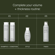 Three-step haircare routine for thicker-looking hair: shampoo and conditioner (step 1), Full Thickening Blow-Dry Cream with heat protection to style (step 2), and dry volume spray to finish (step 3).