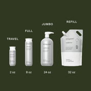 Four bottles of Full Conditioner in Travel (2 oz), Full (8 oz), Jumbo (24 oz), and Refill (32 oz) sizes, powered by Sili-CLONE HairTech for improved hair texture, are shown against a dark olive green background.