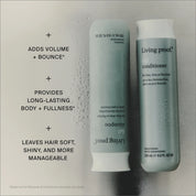 A teal bottle of Living Proof Full Conditioner lies on a light surface with water droplets. Text highlights benefits: adds volume, bounce, body, and fullness while leaving hair soft, shiny, and manageable.