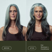 Side-by-side images of a woman with long, gray hair. On the left (Before), her hair is less smooth; on the right (After), Full Conditioner improves texture, making her hair shinier and more defined.