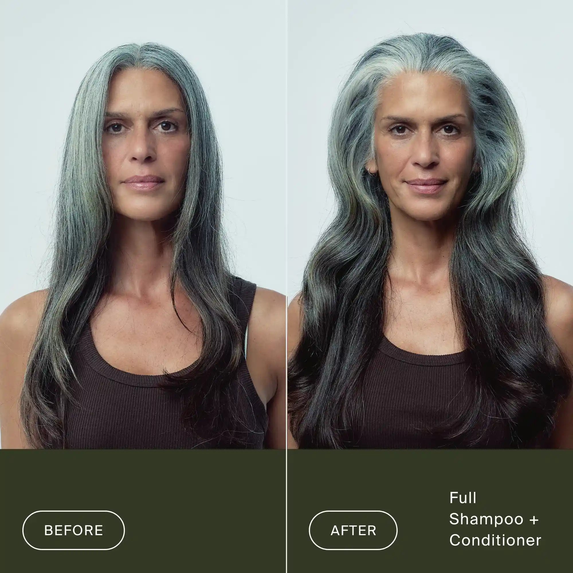 Side-by-side images of a woman with long, gray hair. On the left (Before), her hair is less smooth; on the right (After), Full Conditioner improves texture, making her hair shinier and more defined.