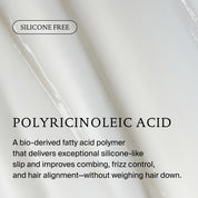 A white, creamy background with text: “SILICONE FREE. Full Conditioner uses Sili-CLONE HairTech—a bio-derived polymer—for silicone-like slip that improves hair texture, combing, frizz control & alignment without weighing hair down.”.