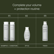 Three Living Proof Full Shampoo bottles are arranged on a dark green chart, representing step 1 for enhancing hair texture.