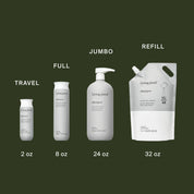Four sizes of Full Shampoo with Sili-CLONE HairTech are displayed against a dark green background: 2 oz travel, 8 oz full, 24 oz jumbo pump, and 32 oz refill pouch—each labeled by size and type for lasting fullness.