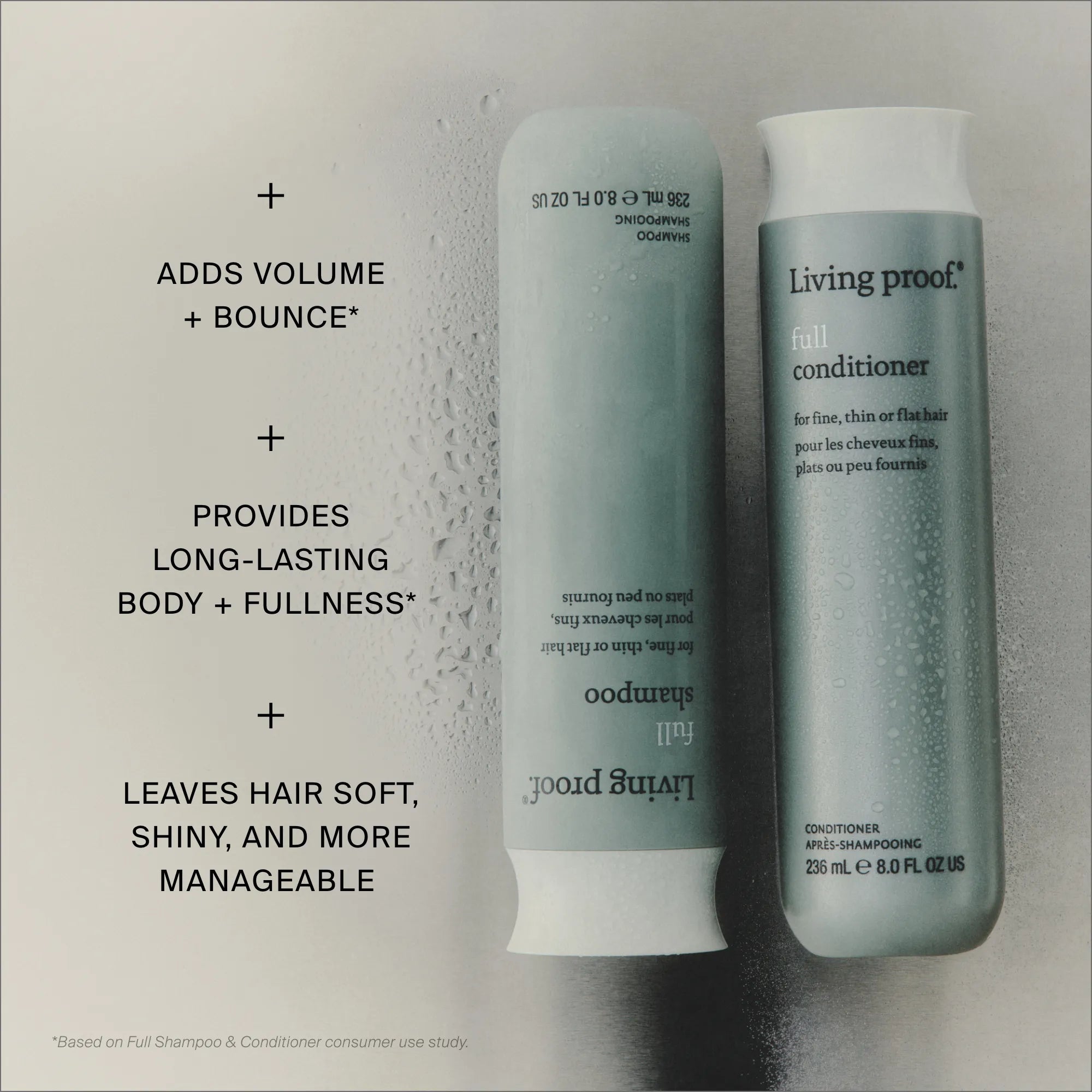 Two bottles of Full Shampoo rest side by side on a wet surface. Text highlights volumizing benefits: improved hair texture, lasting fullness, and soft, shiny, manageable hair.
