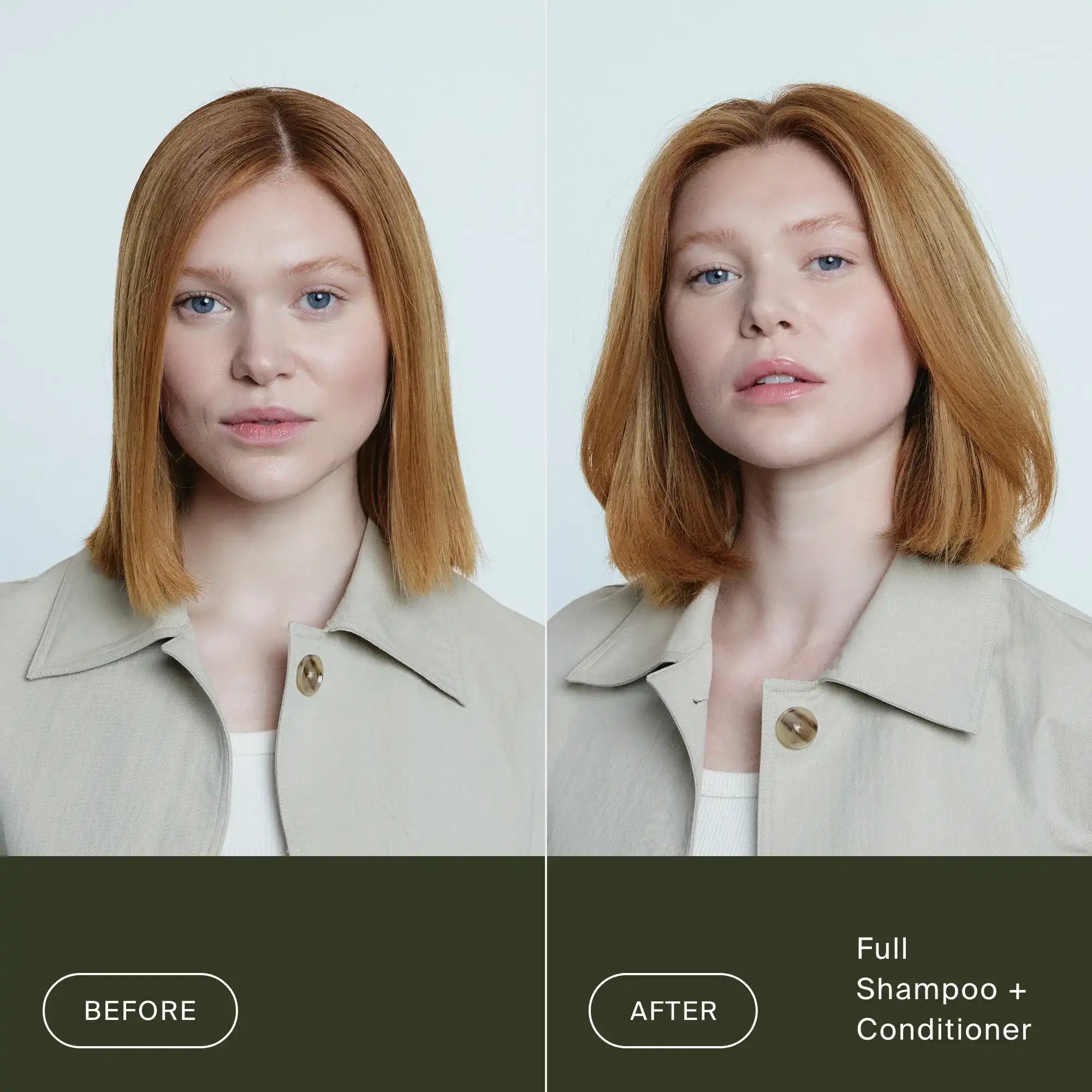 Side-by-side comparison of a woman with straight, shoulder-length red hair labeled Before and with softer, more voluminous hair labeled After Full Shampoo, highlighting visible hair texture improvement with Sili-CLONE HairTech.