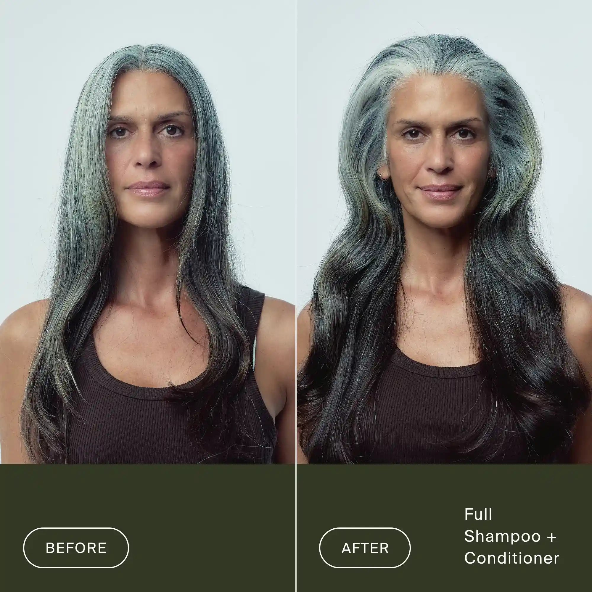 Split image of a woman with long gray hair: on the left, her hair appears dry and frizzy (“before”); on the right, after using Full Shampoo, her hair is smooth and shiny, showing visible improvement in texture.