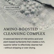 A close-up of white, soapy foam over a light surface. Text reads: Silicone Free. Full Shampoo with Amino-Boosted Cleansing Complex and Sili-CLONE HairTech volumizes and gently cleanses hair, supporting improved texture without stripping.