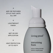 A bottle of Full Texturizing Foam with a visible pump. Beside it: all-day airy texture, lightweight dry foam finish, use on wet or dry hair, style and revive anytime, and heat protection up to 450°F.