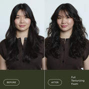 Side-by-side comparison of a woman before and after using Full Texturizing Foam; the left shows her with straight, smooth hair, while the right displays voluminous, wavy hair with enhanced texture. She wears a dark brown top in both images.