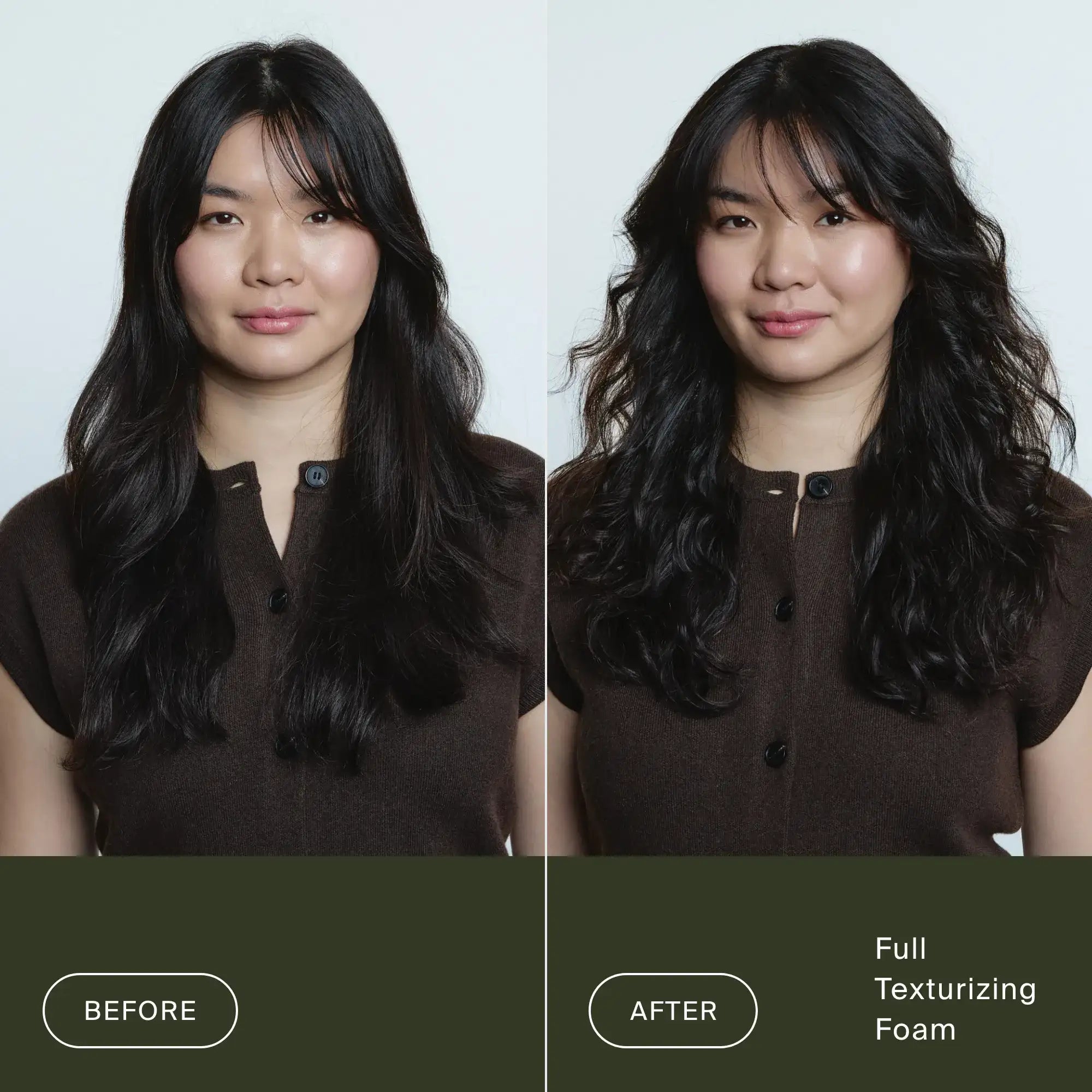Side-by-side comparison of a woman before and after using Full Texturizing Foam; the left shows her with straight, smooth hair, while the right displays voluminous, wavy hair with enhanced texture. She wears a dark brown top in both images.