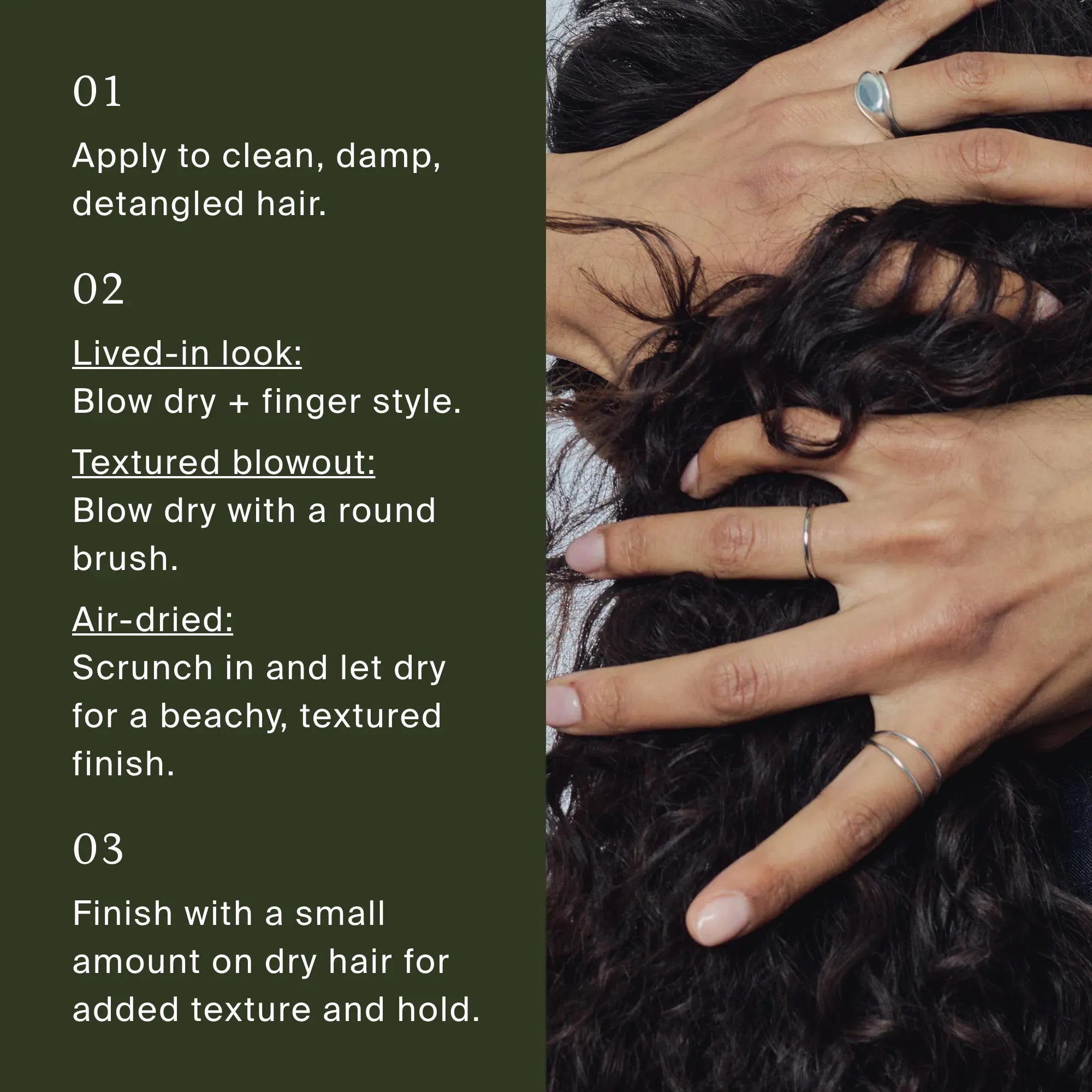 A hand with silver rings tousles curly hair, enhancing its texture. Next to it, text shows three steps: apply Full Texturizing Foam to damp hair, choose blow dry or air dry, then finish for style and revived hold.