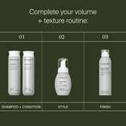 Three Living Proof hair products—shampoo and conditioner (step 1), Full Texturizing Foam (step 2), and dry volume & texture spray (step 3)—are displayed on a green background, illustrating a routine to boost and revive hair texture.