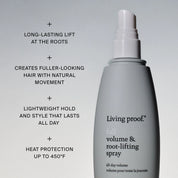 A bottle of Full Volume & Root-Lifting Spray is shown beside text highlighting its benefits: invisible volume, long-lasting lift, fuller-looking hair, lightweight hold, lasting style, and heat protection up to 450°F.