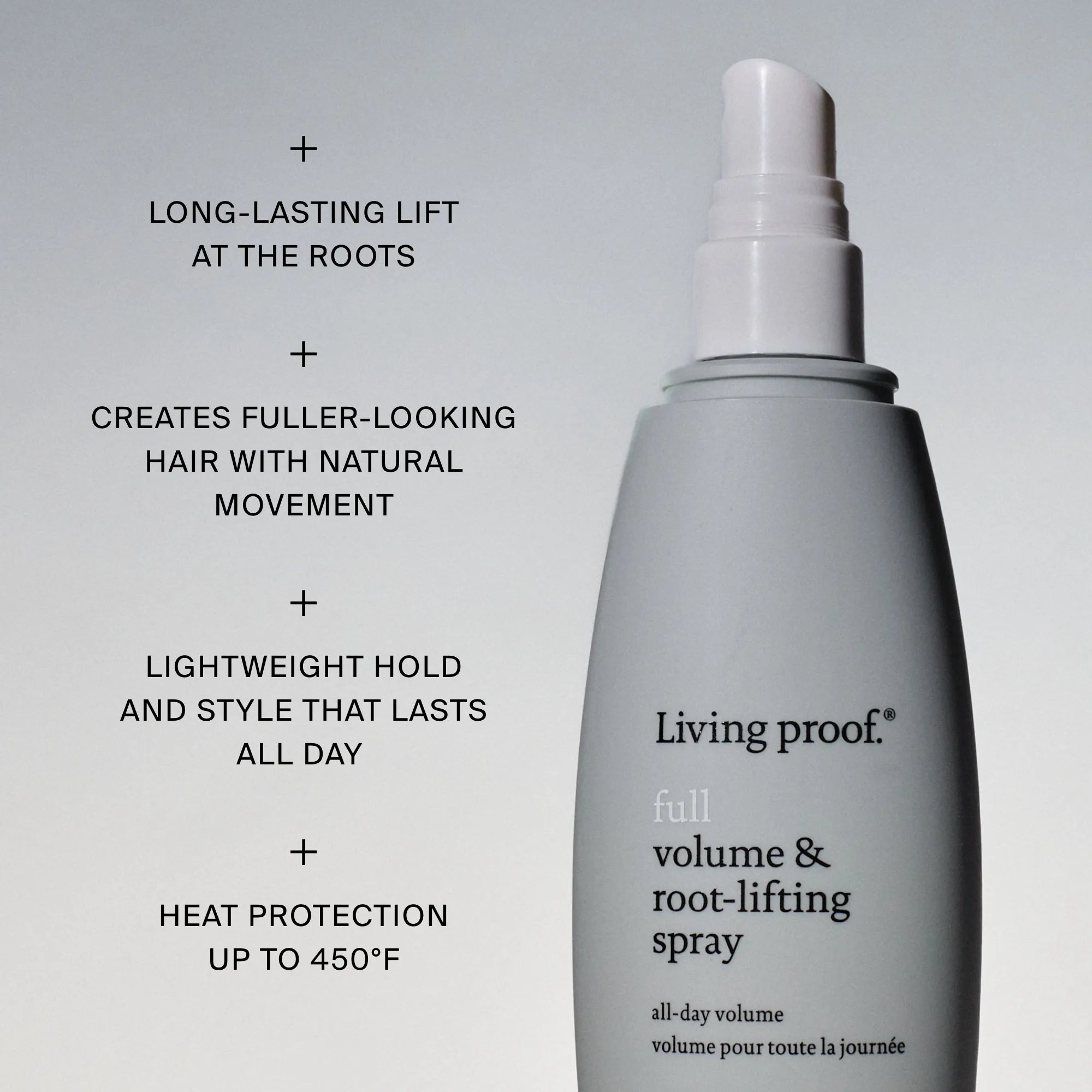A bottle of Full Volume & Root-Lifting Spray is shown beside text highlighting its benefits: invisible volume, long-lasting lift, fuller-looking hair, lightweight hold, lasting style, and heat protection up to 450°F.