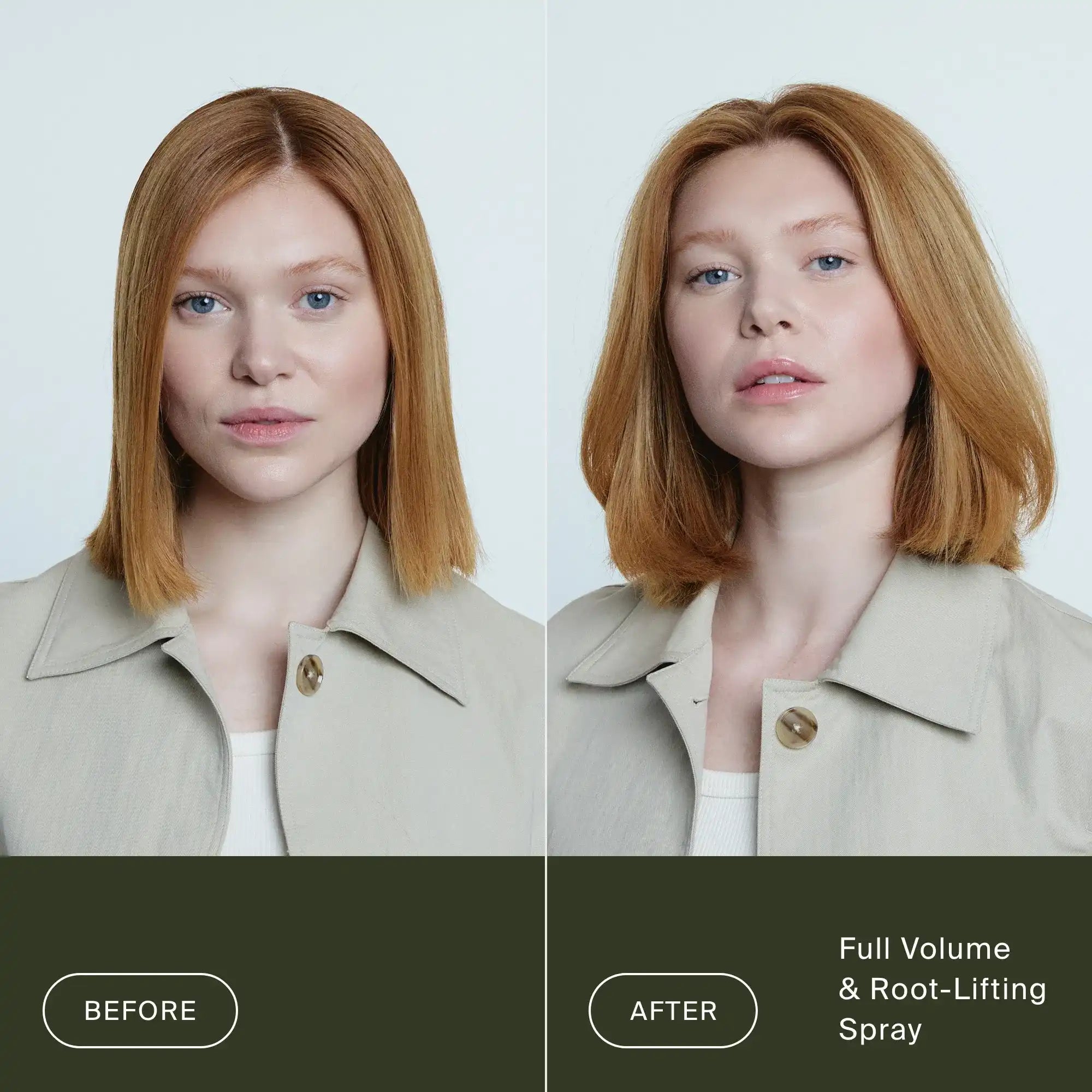 Side-by-side photos of a woman with straight red hair: left shows flat hair; right shows fuller, more voluminous hair after using Full Volume & Root-Lifting Spray with heat protection.