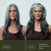 Side-by-side photos of a woman with long gray hair: on the left, her hair is flat; on the right, it looks fuller and shinier with added volume after using Full Volume & Root-Lifting Spray, which also offers heat protection.