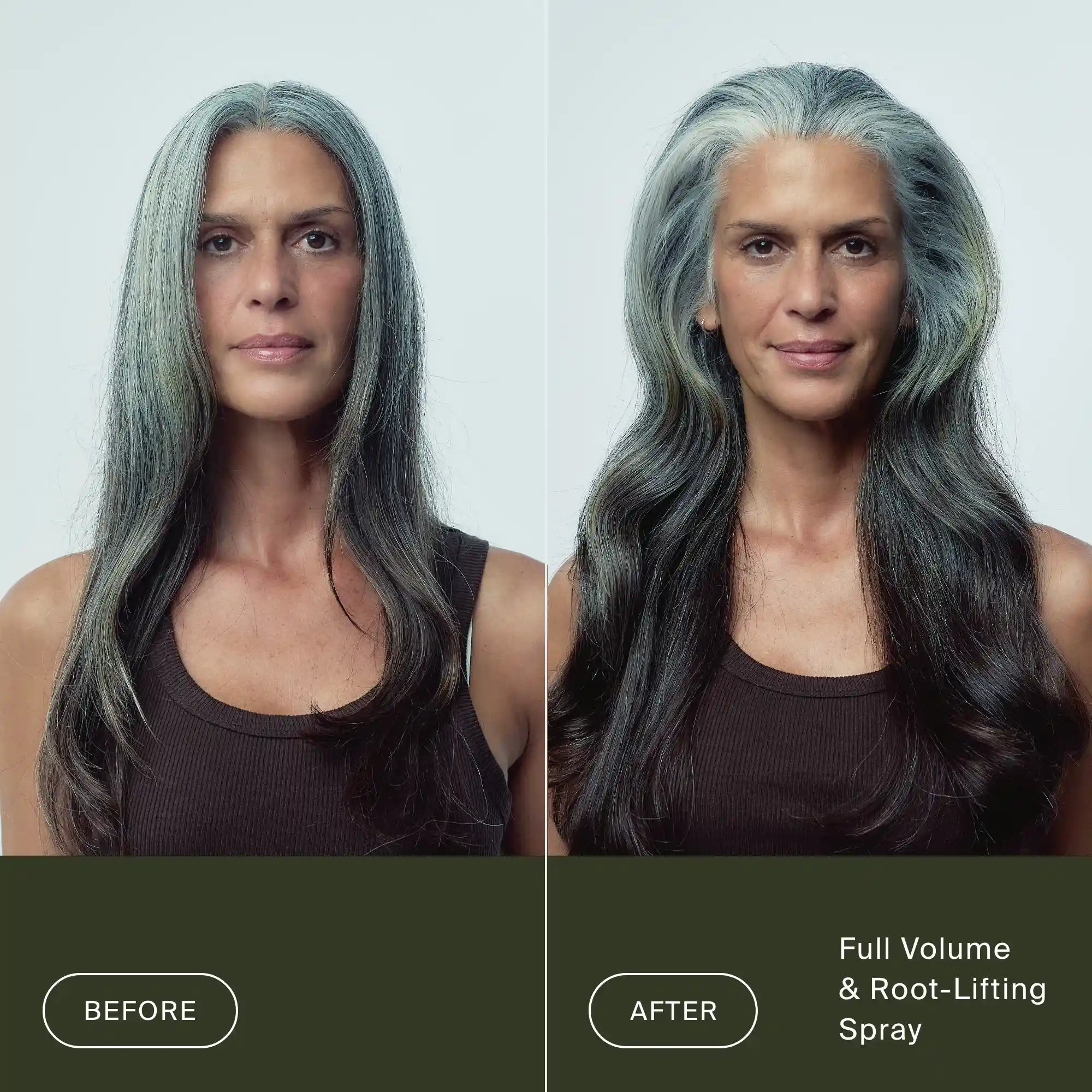Side-by-side photos of a woman with long gray hair: on the left, her hair is flat; on the right, it looks fuller and shinier with added volume after using Full Volume & Root-Lifting Spray, which also offers heat protection.
