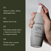 A hand holds a gray Full Volume & Root-Lifting Spray bottle, an invisible volume spray with heat protection. Beside it, four hair styling steps appear on a green background.