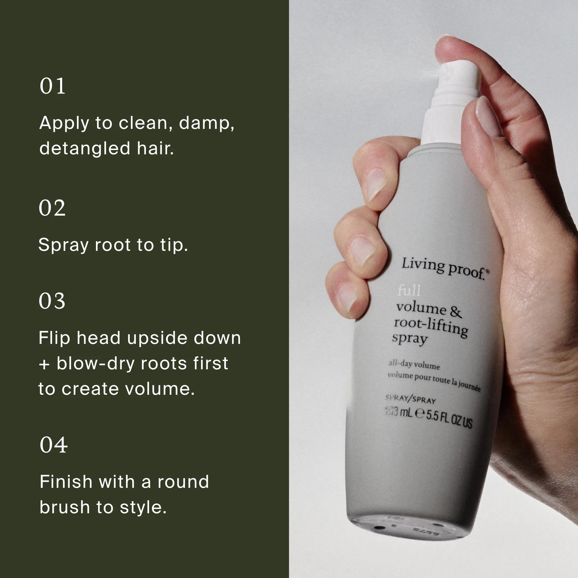 A hand holds a gray Full Volume & Root-Lifting Spray bottle, an invisible volume spray with heat protection. Beside it, four hair styling steps appear on a green background.