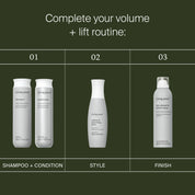 Three Living Proof hair products appear in three steps on a dark green background: shampoo and conditioner (step 1), volume and bodifying mousse (step 2), and Full Volume & Root-Lifting Spray for heat protection (step 3).
