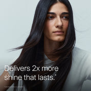A woman with long, shiny dark hair looks to the side, wearing a light-colored top. White text on the image reads, Perfect hair Day™ High-Shine Gloss delivers 2x more hair shine that lasts.*.