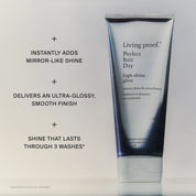 A tube of Perfect hair Day™ High-Shine Gloss stands upright beside text touting its benefits: instantly adds mirror-like shine, gives an ultra-glossy smooth finish, and keeps hair shiny for up to 3 washes.