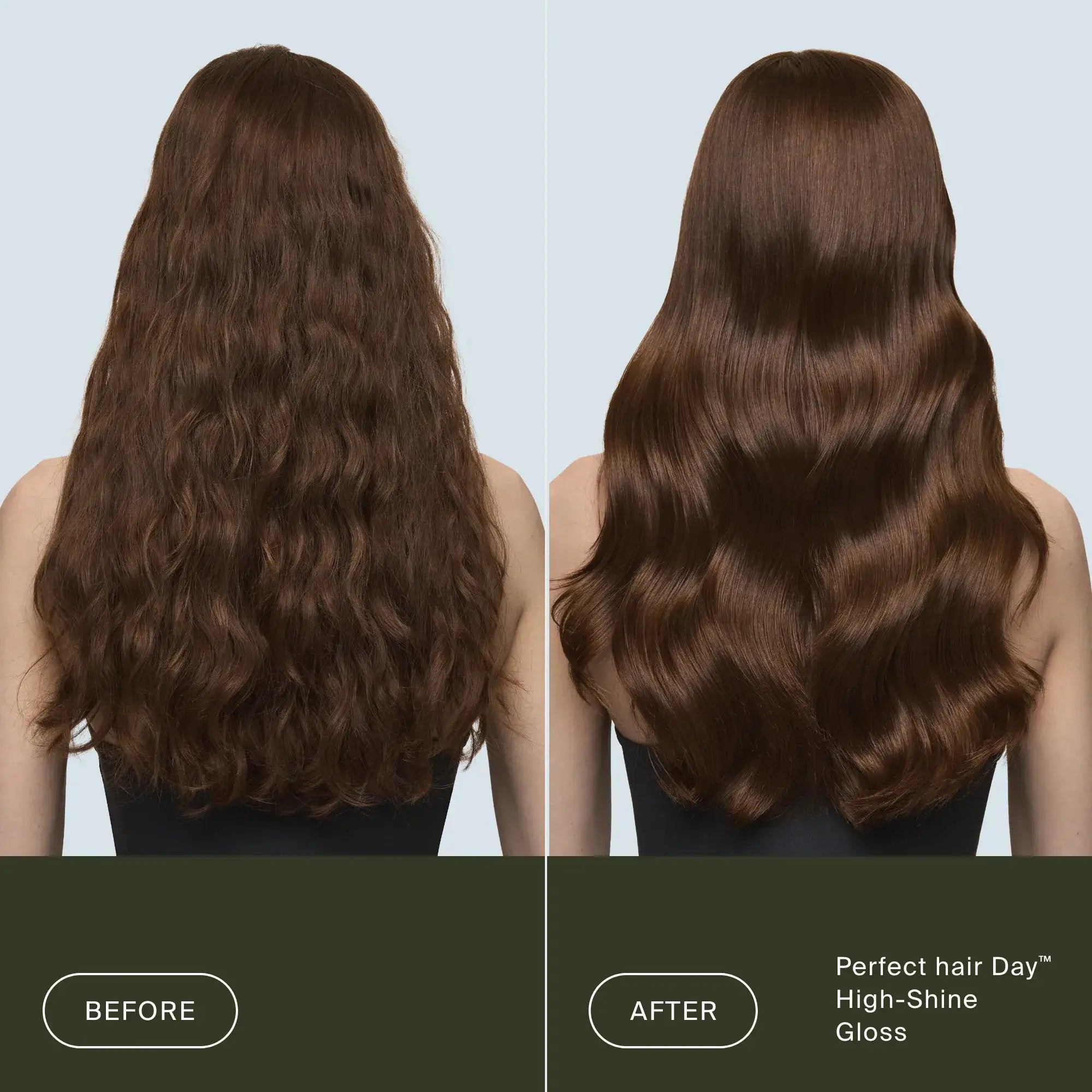 Split image shows a woman's back before and after using Perfect hair Day™ High-Shine Gloss; left: wavy, frizzy brunette hair; right: smooth, glossy hair with enhanced shine. Text: Before & After Perfect hair Day™ High-Shine Gloss.