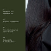 Image split in half: left lists hair care steps on a green background; right features smooth, shiny dark hair. Steps: shampoo/condition, towel-dry, apply Perfect hair Day™ High-Shine Gloss, leave for 5 minutes, then rinse for radiant shine.