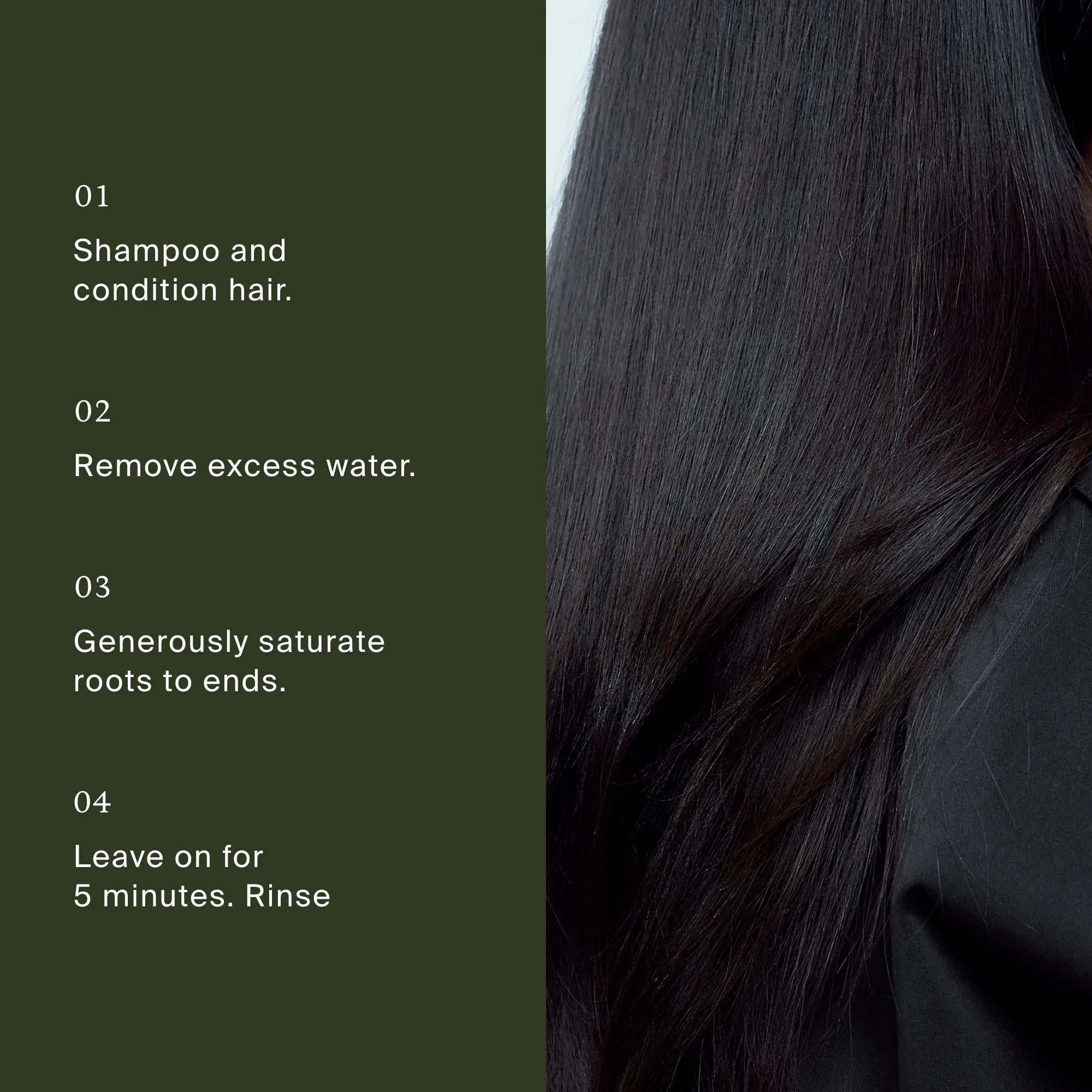 Image split in half: left lists hair care steps on a green background; right features smooth, shiny dark hair. Steps: shampoo/condition, towel-dry, apply Perfect hair Day™ High-Shine Gloss, leave for 5 minutes, then rinse for radiant shine.