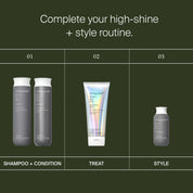 Perfect hair Day™ High-Shine Gloss is displayed under Treat, with Shampoo + Condition and Style also featured above the text "Complete your high-shine + style routine" on a dark green background—showcasing silicone-free, shine-boosting formulas.