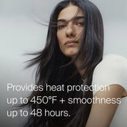 Woman with long dark hair against a neutral background with text about product features.
