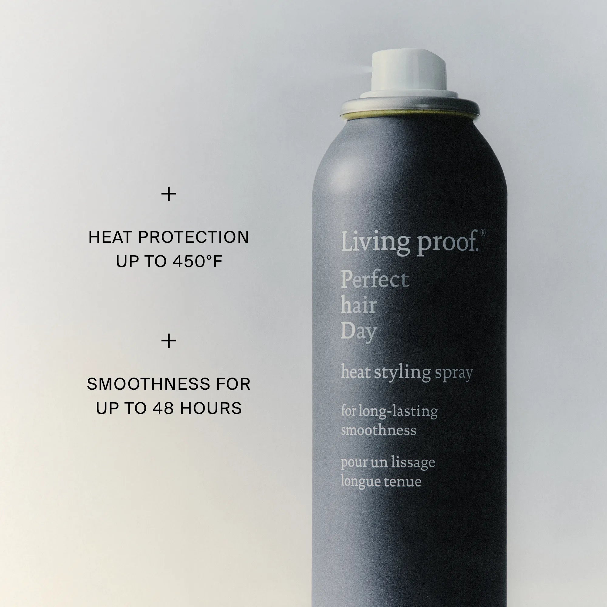 Living Proof hair spray can with text on a light gray background