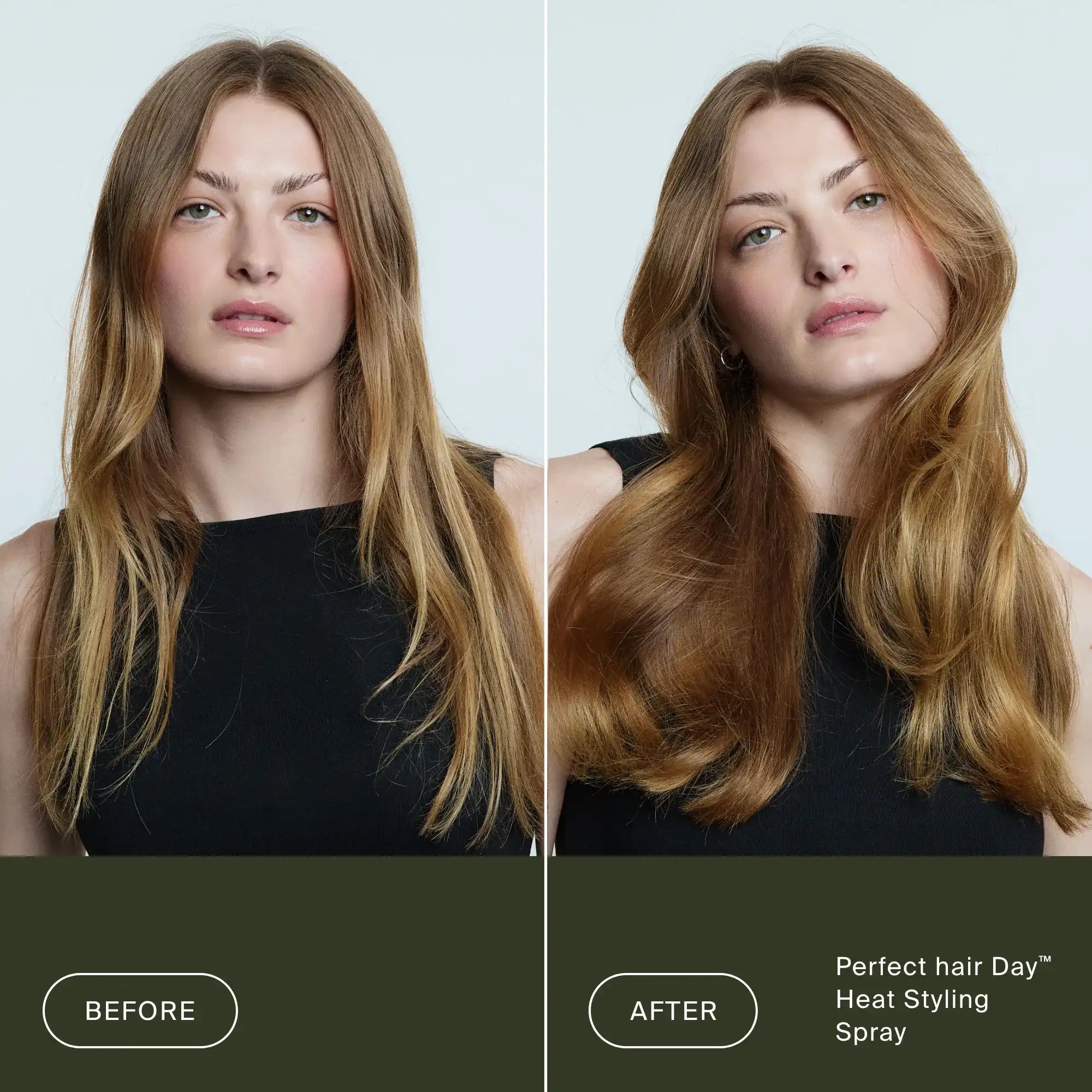 Before and after comparison of a woman's hair styled with 'Perfect Hair Day' Heat Styling Spray.