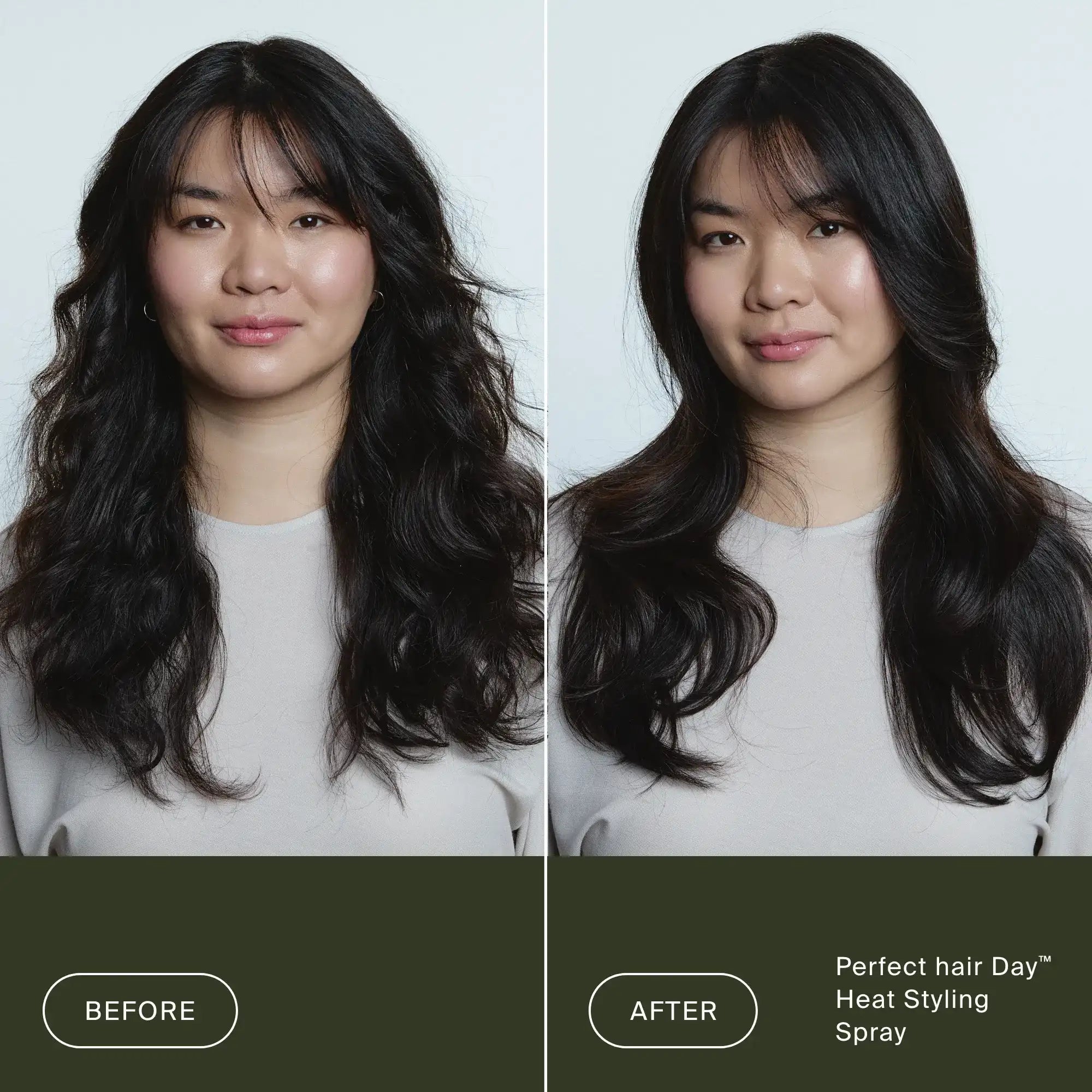 Before and after comparison of a woman's hair styled with 'Perfect hair Day' Heat Styling Spray.