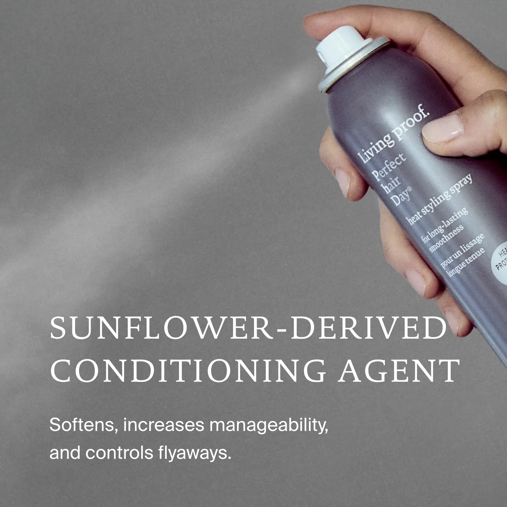 Hand holding a 'living proof' hair spray can with text about sunflower-derived conditioning agent on a gray background.