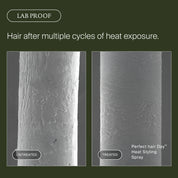 Scanning electron microscope images of hair labeled 'Untreated' and 'Treated' with 'Perfect hair Day Heat Styling Spray'.