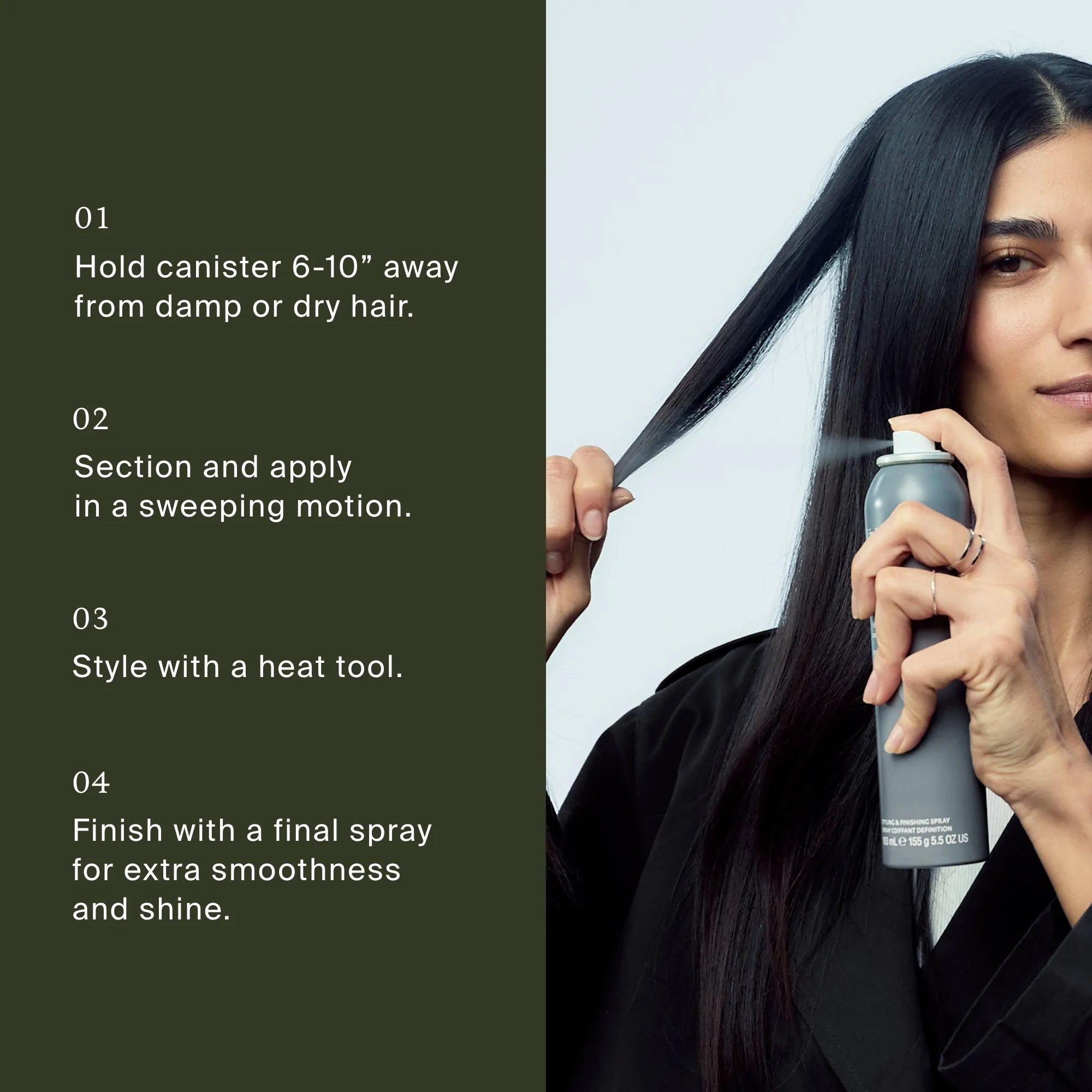 Person using a hair product with text instructions on a dark green background