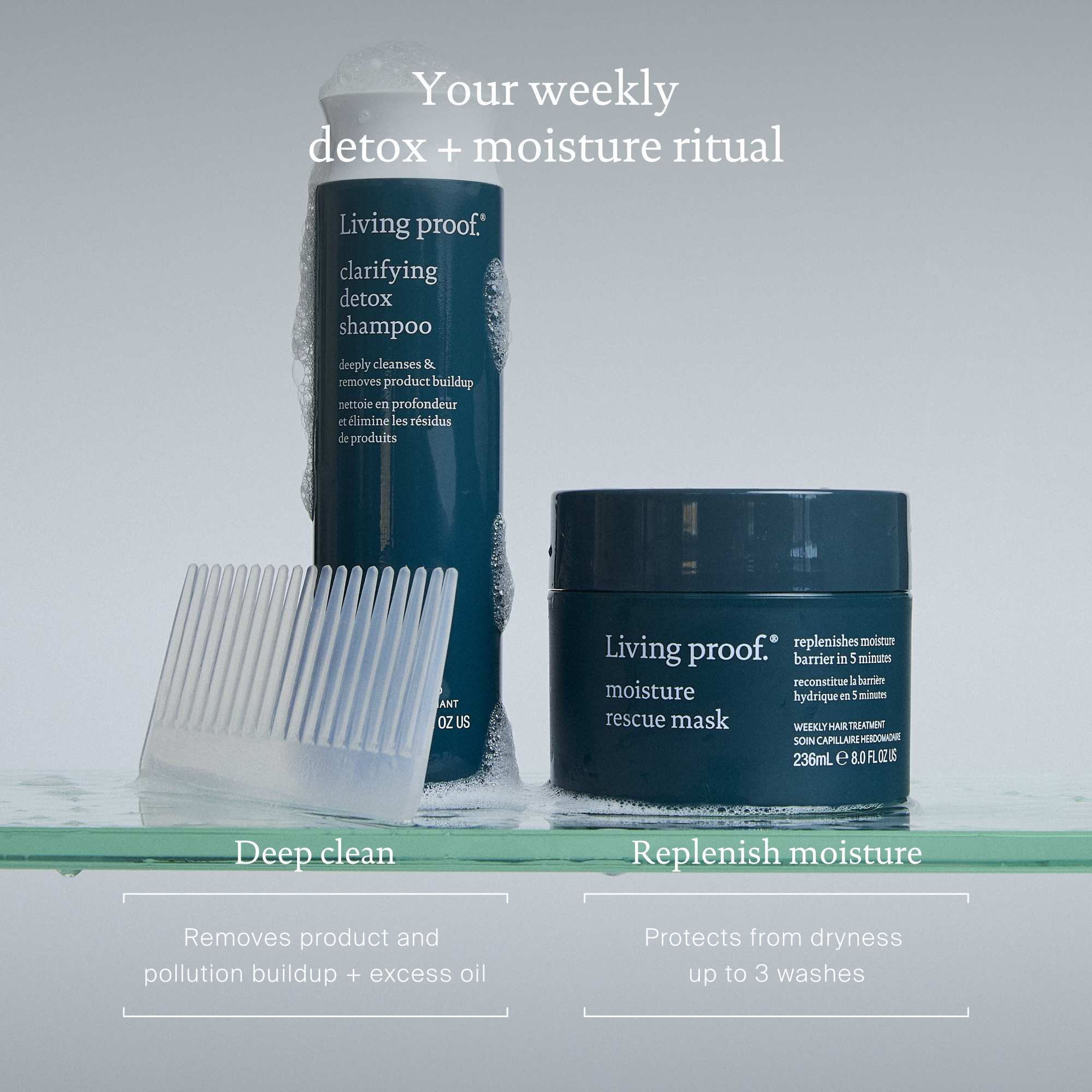 Living Proof hair care products on a shelf with text describing weekly detox and moisture ritual.