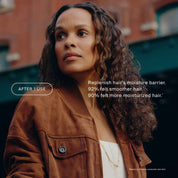 Woman with styled hair wearing a brown jacket, with text about hair product benefits.