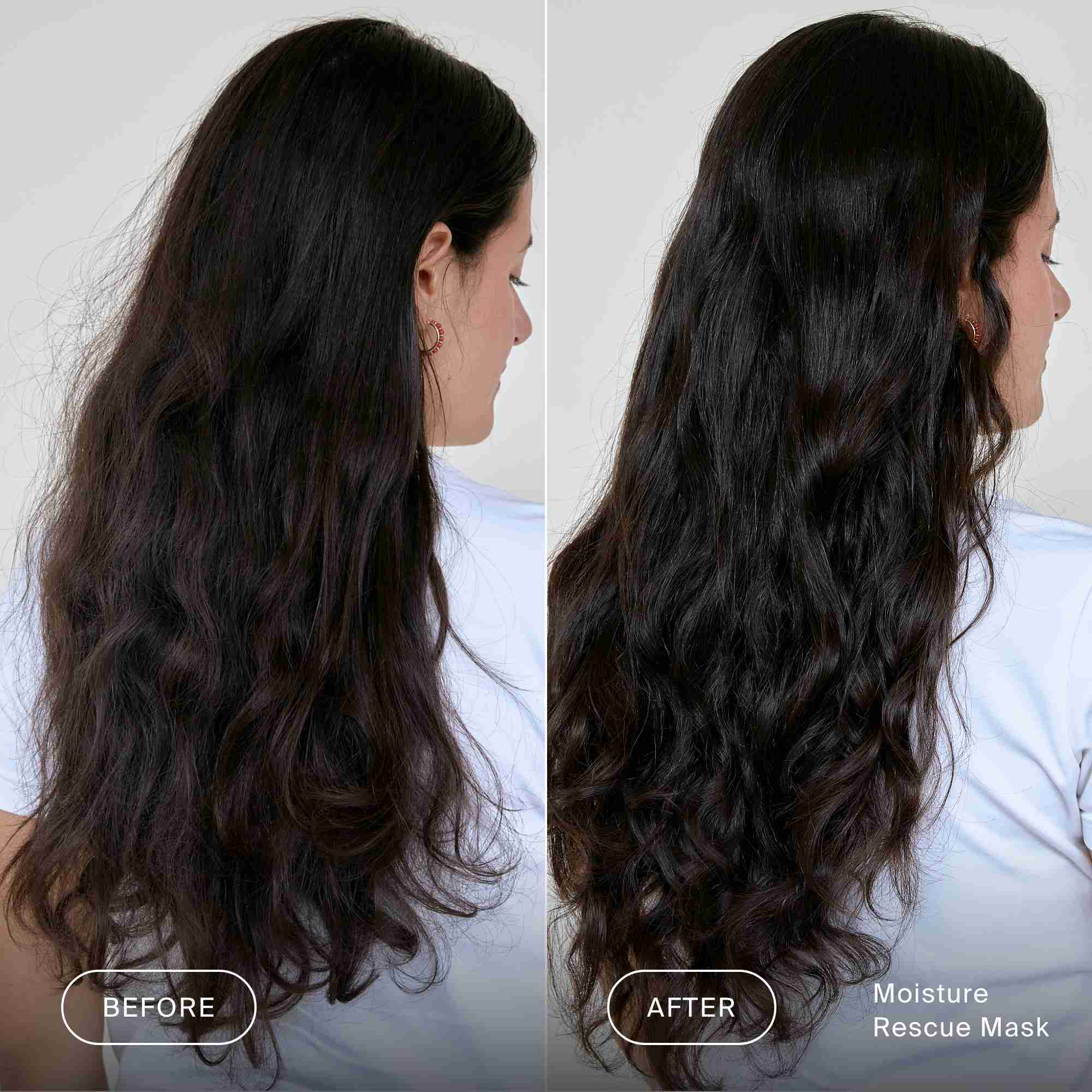 Before and after comparison of hair using a moisture rescue mask.