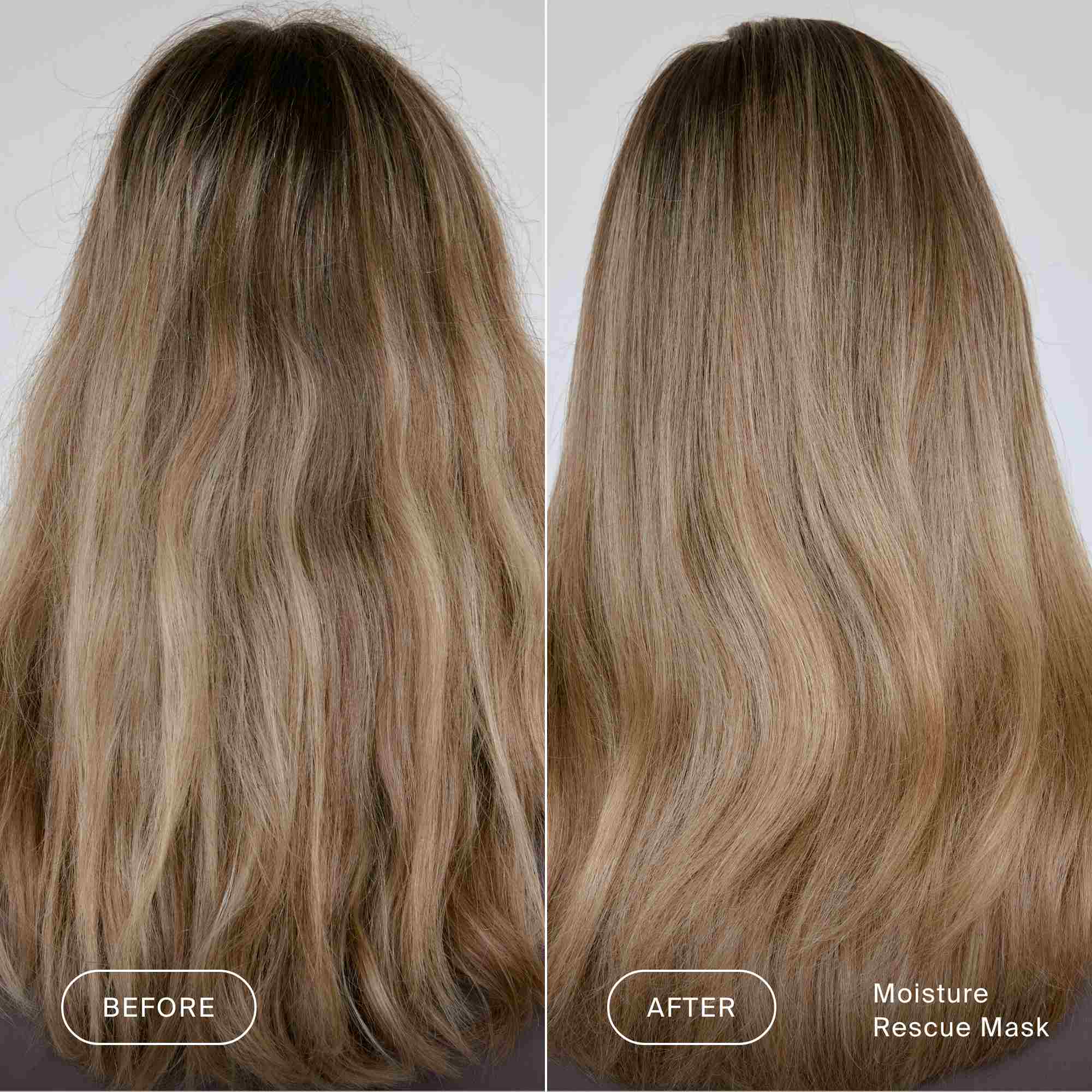 Before and after comparison of hair using a moisture rescue mask.