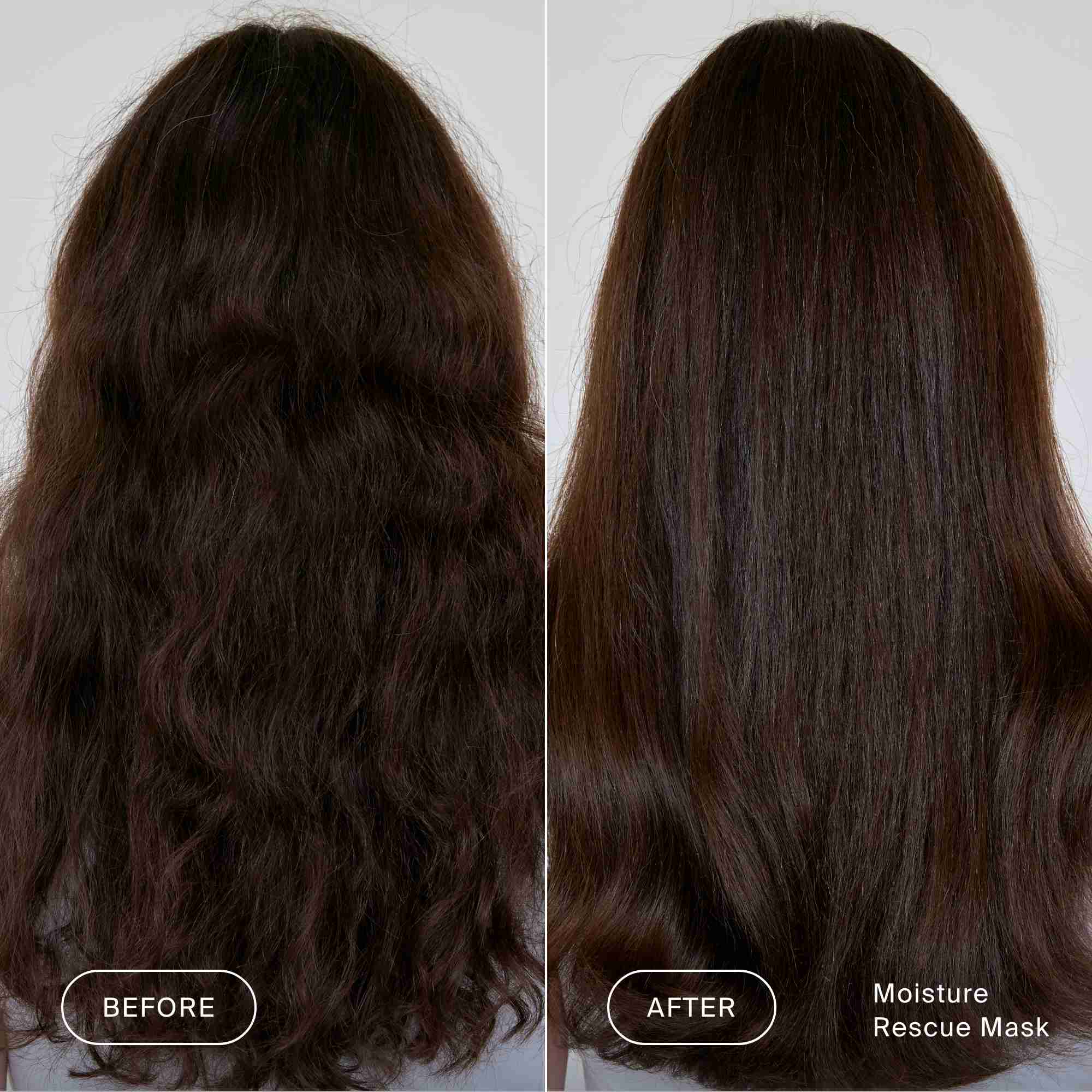 Before and after comparison of hair using a moisture rescue mask.